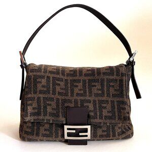 Fendi Zucca Mamma Brown Cashmere Medium Baguette Shoulder Bag Purse Vintage 2000